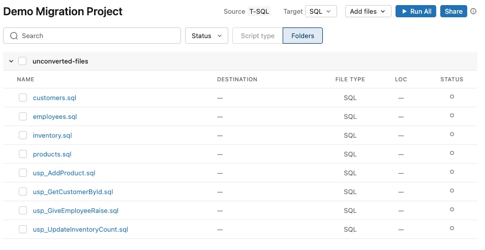 A Demo Migration Project canvas listing source files such as customers.sql, products.sql and stored procedures like usp_AddProduct.sql, with columns for destination, file type, lines of code and status, and buttons for Add files and Run All.