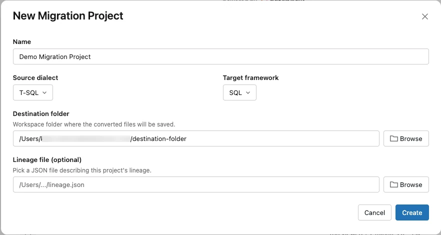 New Migration Project dialog with fields for name, source dialect (T-SQL), target framework (SQL), destination folder, and an optional lineage file.