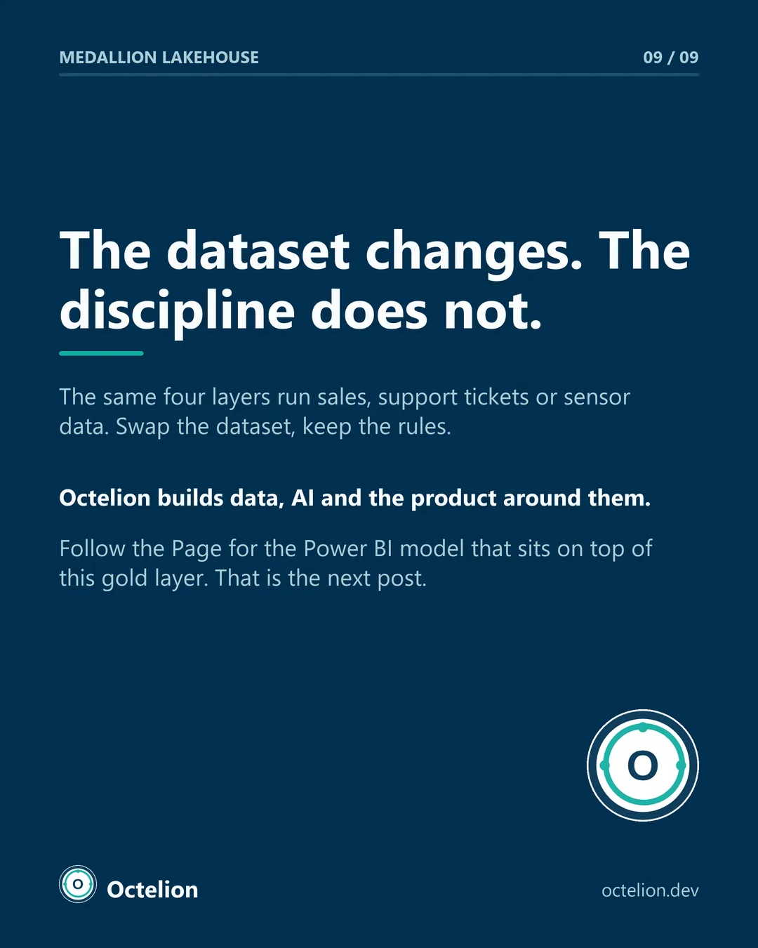 Closing slide: the dataset changes, the discipline does not.
